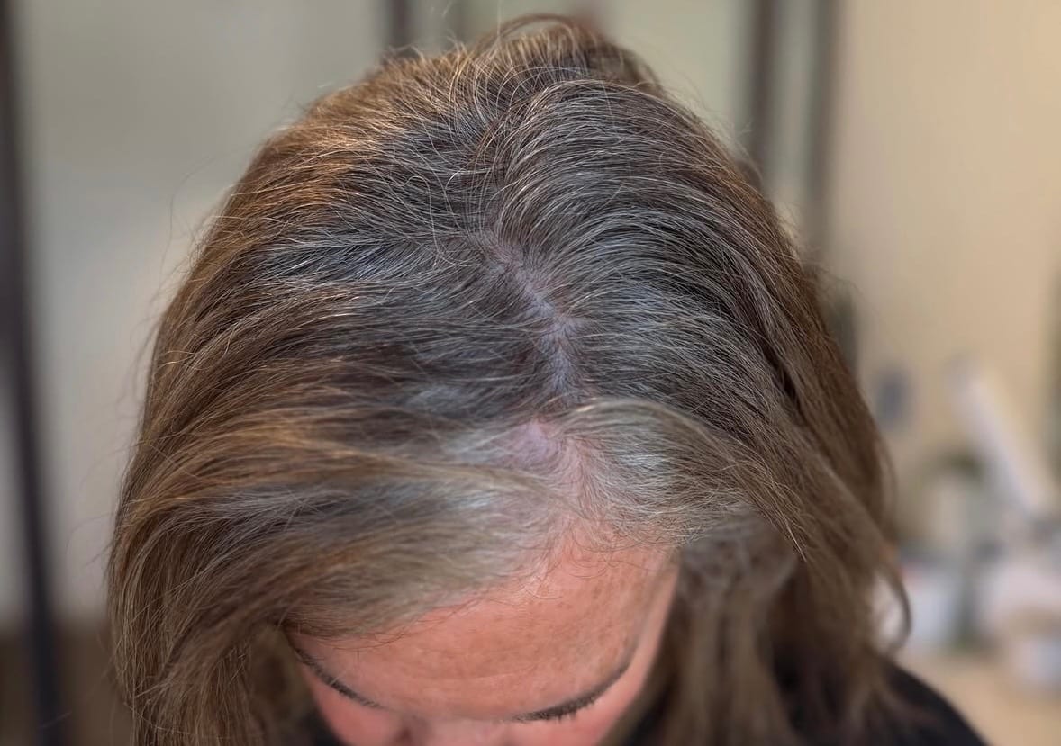 Before — natural grey regrowth coming through warm brown hair along the parting