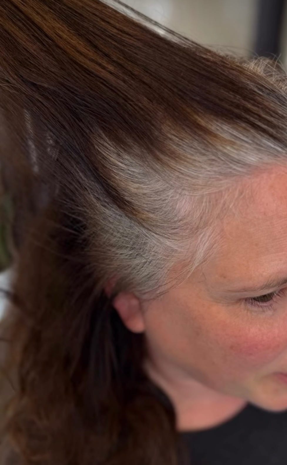 Before — a band of natural grey at the temple against dark brown hair at the side parting