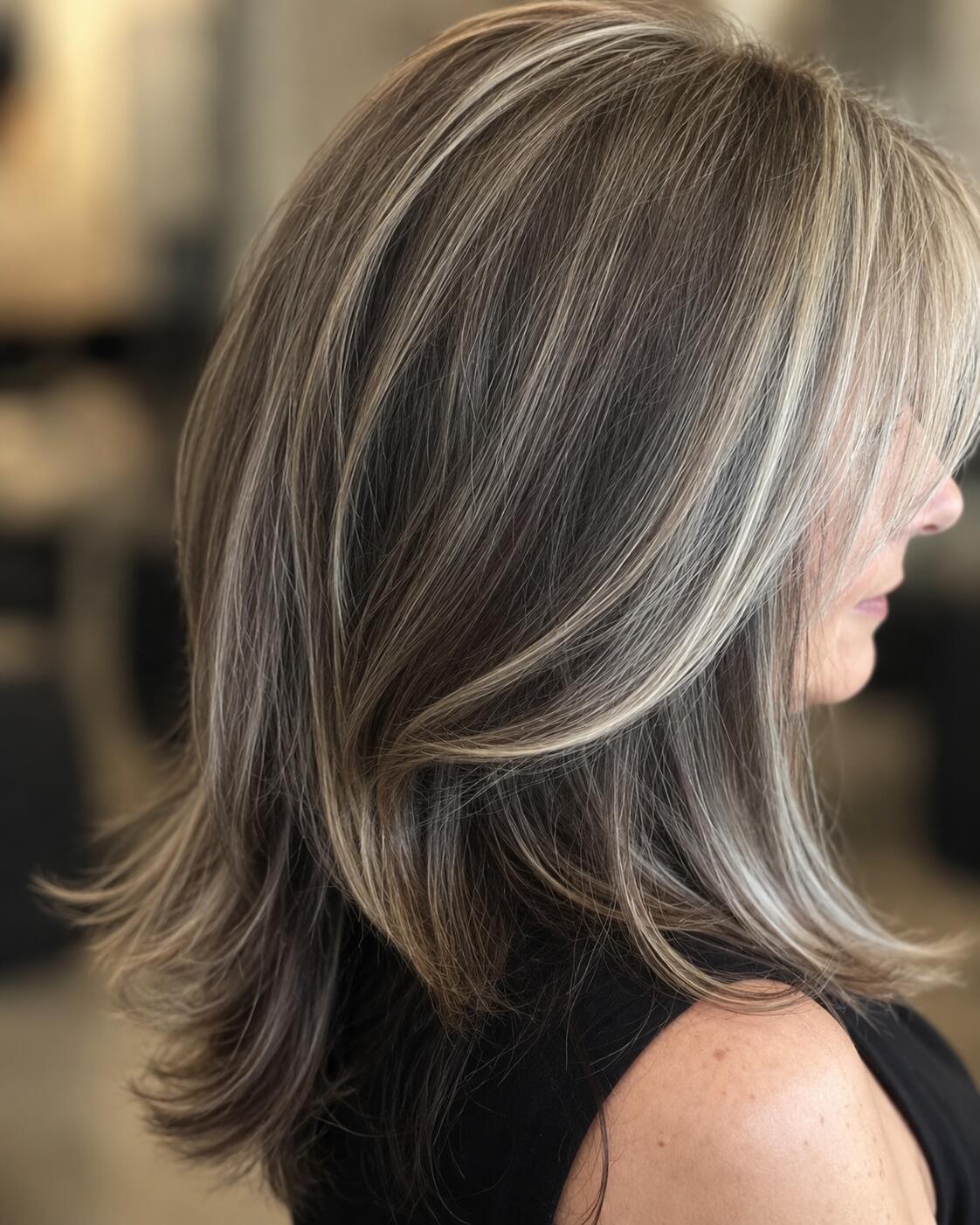 A feathered, shoulder-length grey blend in side profile — silver lights woven through soft brown